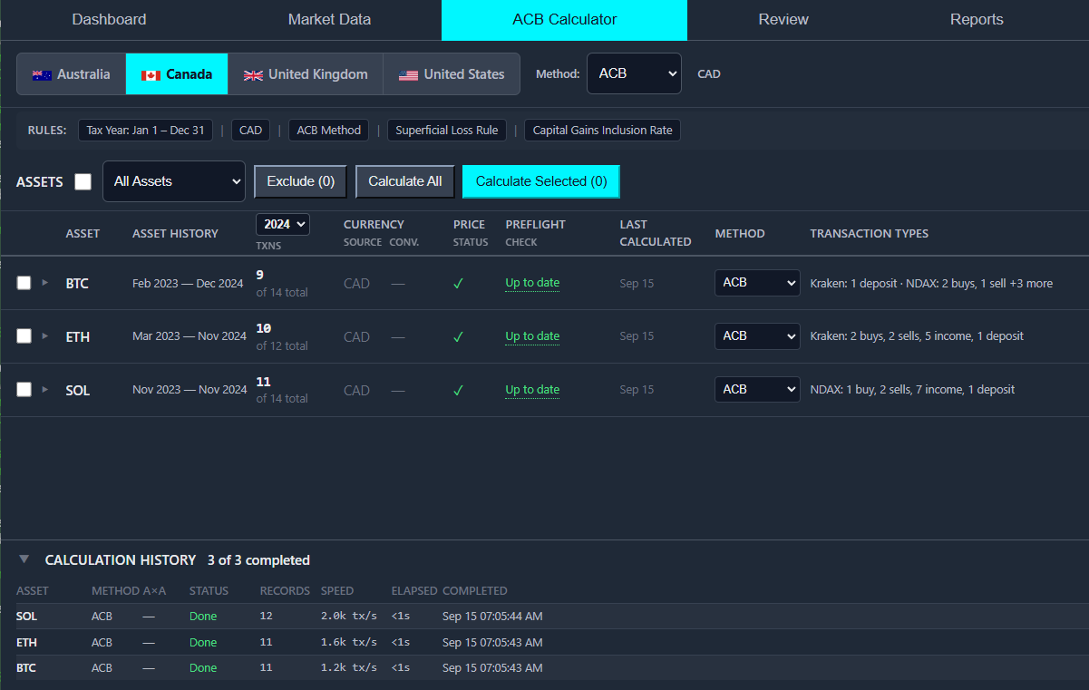 The ACB Calculator tab: the settings bar, the asset table and the Calculation History panel.