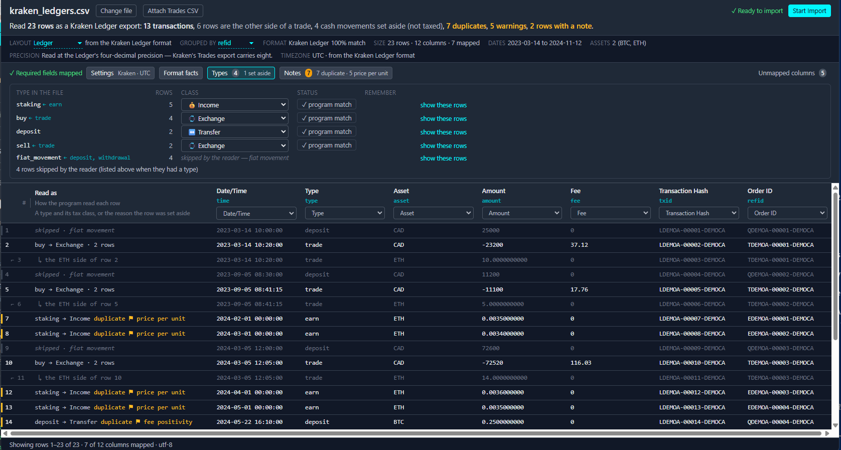 The Import window: the file’s column headings across the top, the program’s reading of each row beneath them, and the transaction types the file contains.