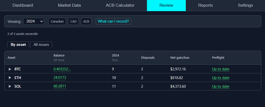 The Review tab: each asset with its recounted balance, the year’s figures and its readiness verdict.